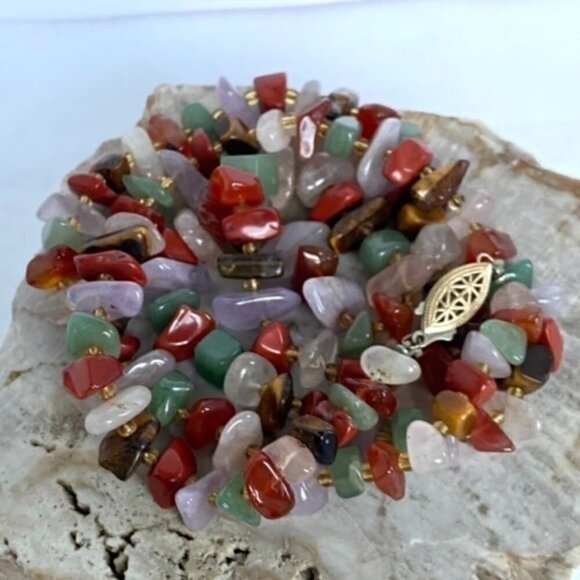 VTG Multi Gemstone Beaded 29" Necklace 14K Gold Filled Filigree Fish Hook Clasp - Picture 1 of 16